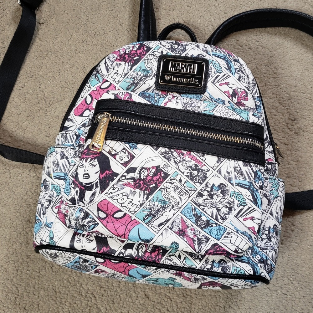 Loungefly Marvel Mini Backpack White Comics AOP Hulk Iron‎ Man Spiderman Cartoon